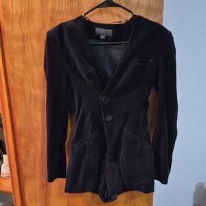 Women's Black Velvet Blazer Romper - Classic Tailored Style With Shoulder Pads